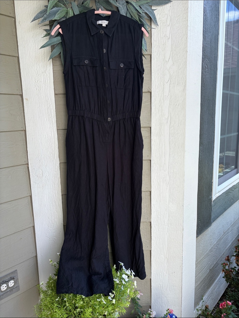 Loft Black Sleeveless Jumpsuit with Gathered Waist